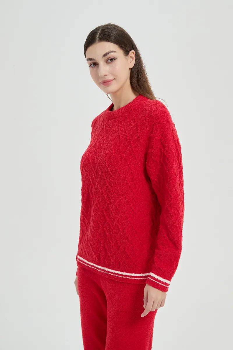 Loose Fit Plush ສີແດງແມ່ຍິງ Fleece ຊຸດ Pajamas