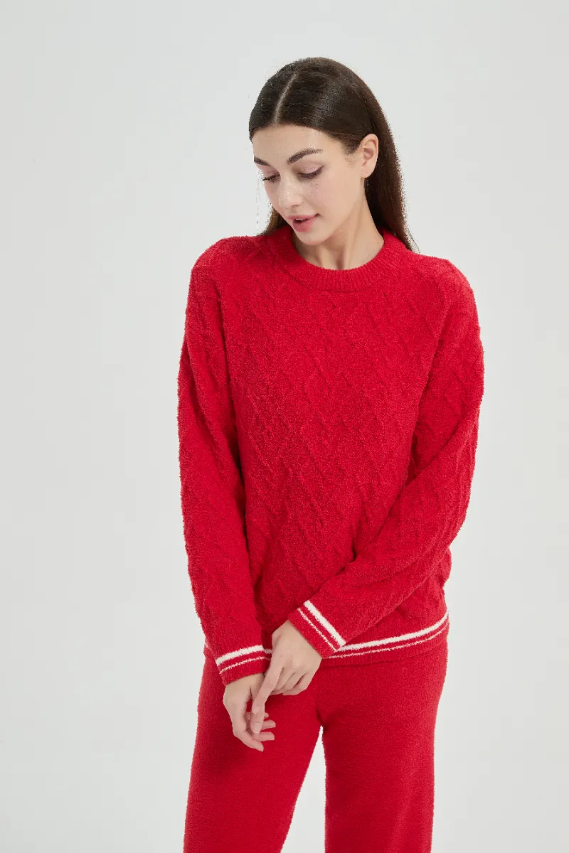 Loose Fit Plush ສີແດງແມ່ຍິງ Fleece ຊຸດ Pajamas