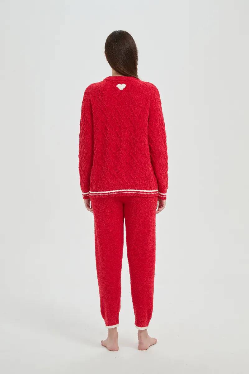 Loose Fit Plush ສີແດງແມ່ຍິງ Fleece ຊຸດ Pajamas