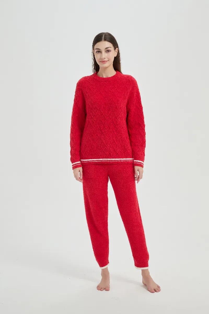 Loose Fit Plush ສີແດງແມ່ຍິງ Fleece ຊຸດ Pajamas Loose Fit Plush ສີແດງແມ່ຍິງ Fleece ຊຸດ Pajamas
